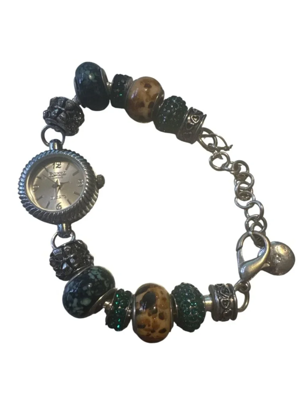 Beaded Wristwatch Bracelet With Quartz Movement & Adjustable Chain - Green Brown